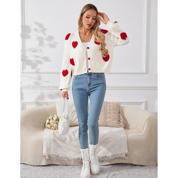 Women’s Cropped Heart Cardigan Lightweight V-Neck Button Spring Fall - Picture 7 of 7